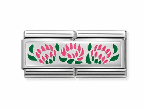 Edelstahl Armbandglied in Silber mit Emaille-Dekor, das drei pinkfarbene Zuckerbüsche und grüne Blätter zeigt, hergestellt von Nomination im Composable Classic Double Stil.