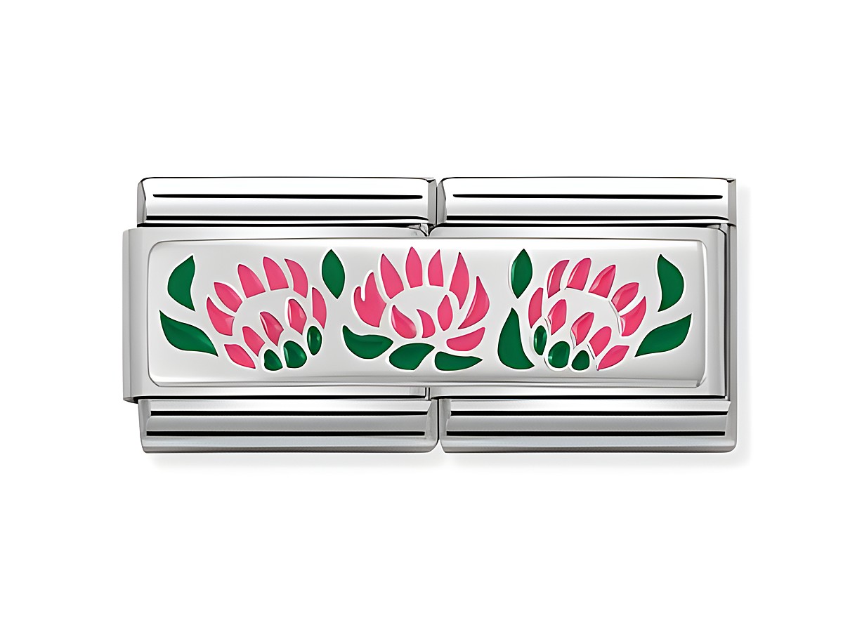 Edelstahl Armbandglied in Silber mit Emaille-Dekor, das drei pinkfarbene Zuckerbüsche und grüne Blätter zeigt, hergestellt von Nomination im Composable Classic Double Stil.