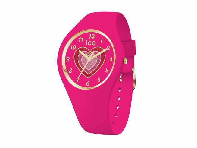 Die Ice Watch Uhr 022460 - ICE fantasia Fuchsia in Small zeigt ein auffälliges pinkes Design mit einem goldenen Ziffernblatt und Herzmotiv, geeignet für modebewusste Träger.