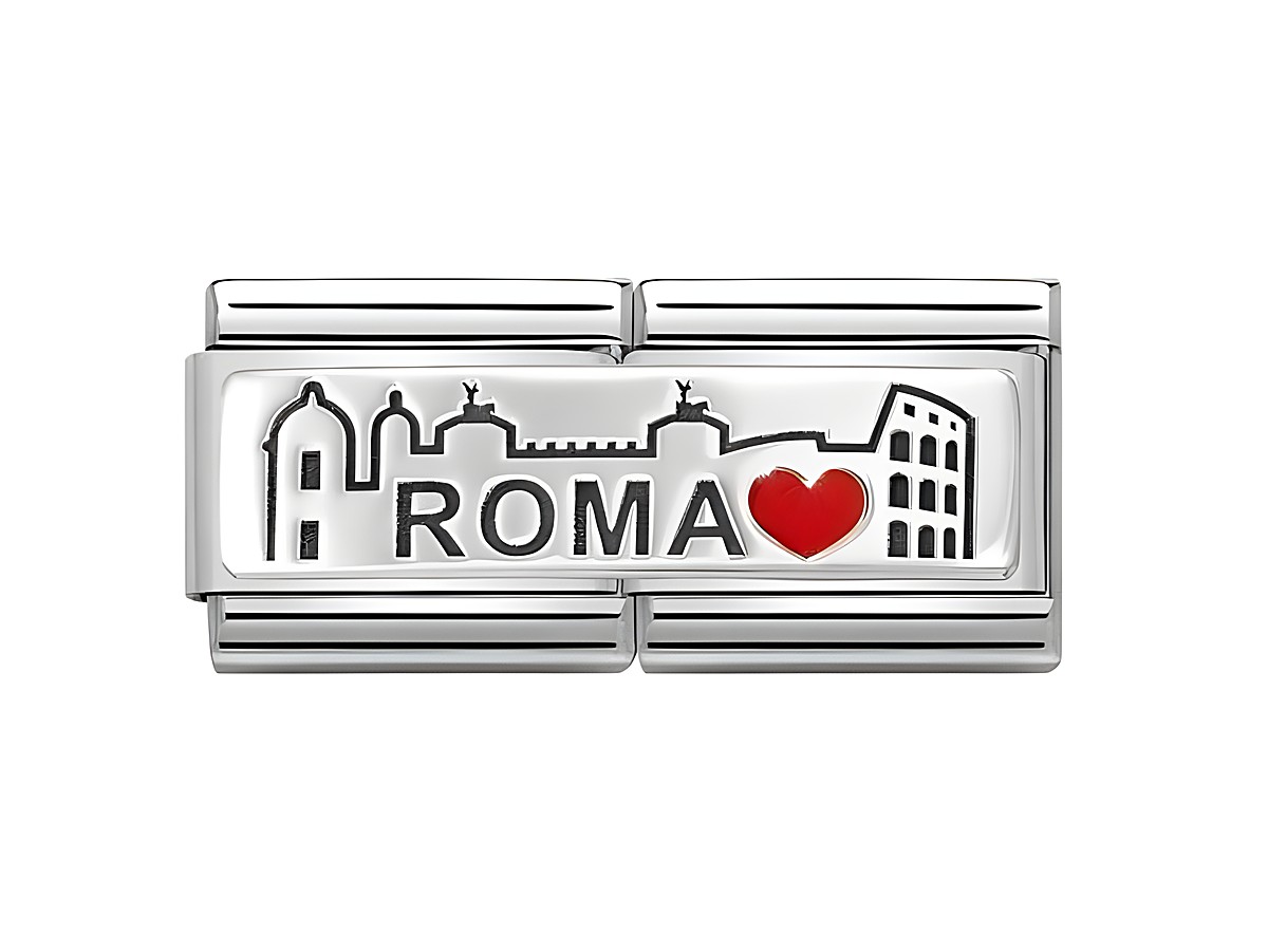 Das Bild zeigt ein Armbandglied aus Sterling Silber und Edelstahl mit dem Schriftzug ROMA, einem roten Herz und einer stilisierten Skyline Roms. Es handelt sich um das Modell Nomination 330721 16 Classic.