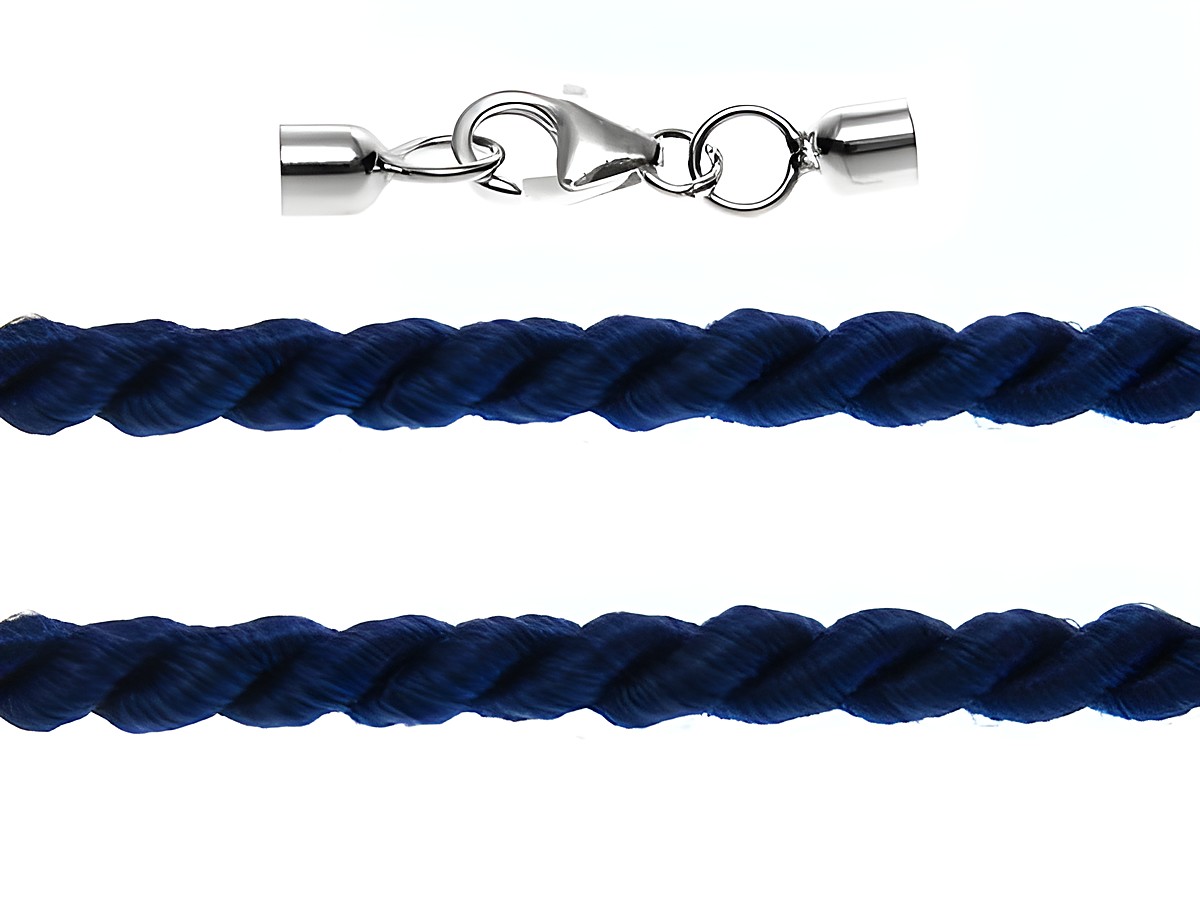 Kordel gedreht in Blau mit einer Länge von 28 cm und einer Stärke von 3 mm, ausgestattet mit einem Silber Karabiner, Hersteller Juwelier Harnisch.