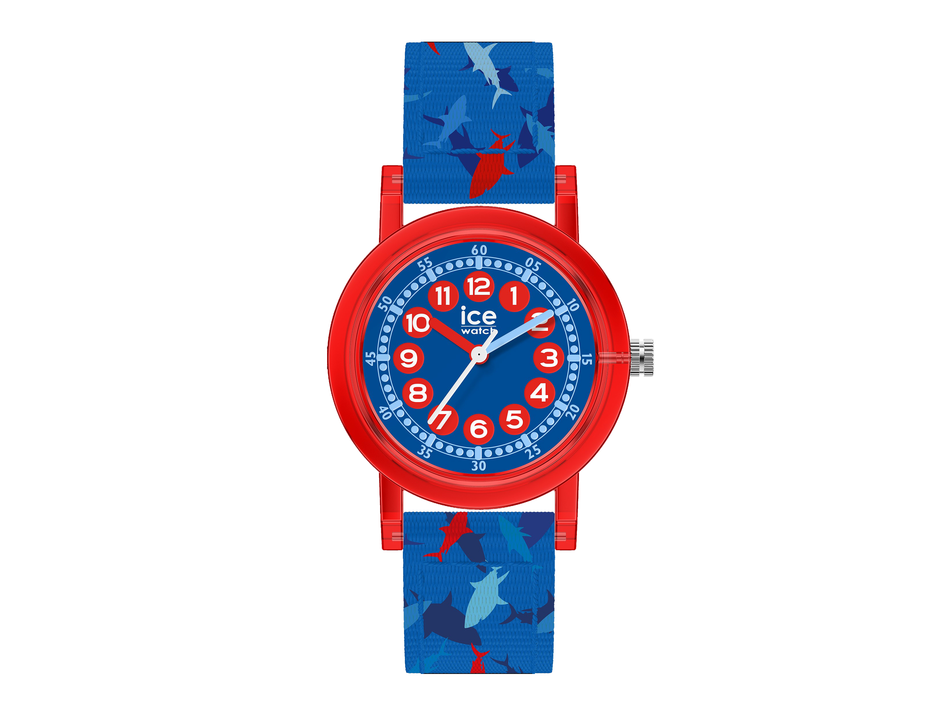 Ice Watch Uhr 023296 ICE learning Blue shark Small verfügt über ein rotes Gehäuse und ein buntes Armband mit Haifischmotiven, zeigt ein blaues Ziffernblatt mit großen Zahlen.