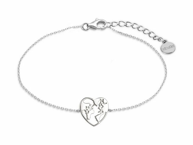 Xenox Sterling Silber Armband XS3172 mit Ankerkette, Herzform mit Weltmotiv, ein elegantes Schmuckstück von Xenox, für Größen von 15 bis 18,5 cm geeignet.