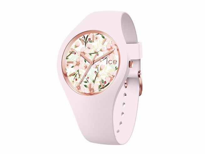 Die Ice-Watch ICE flower Heaven sage Small 020513 zeigt eine zarte, rosafarbene Uhr mit floralen Motiven auf dem Ziffernblatt und einem eleganten, schlichten Armband.