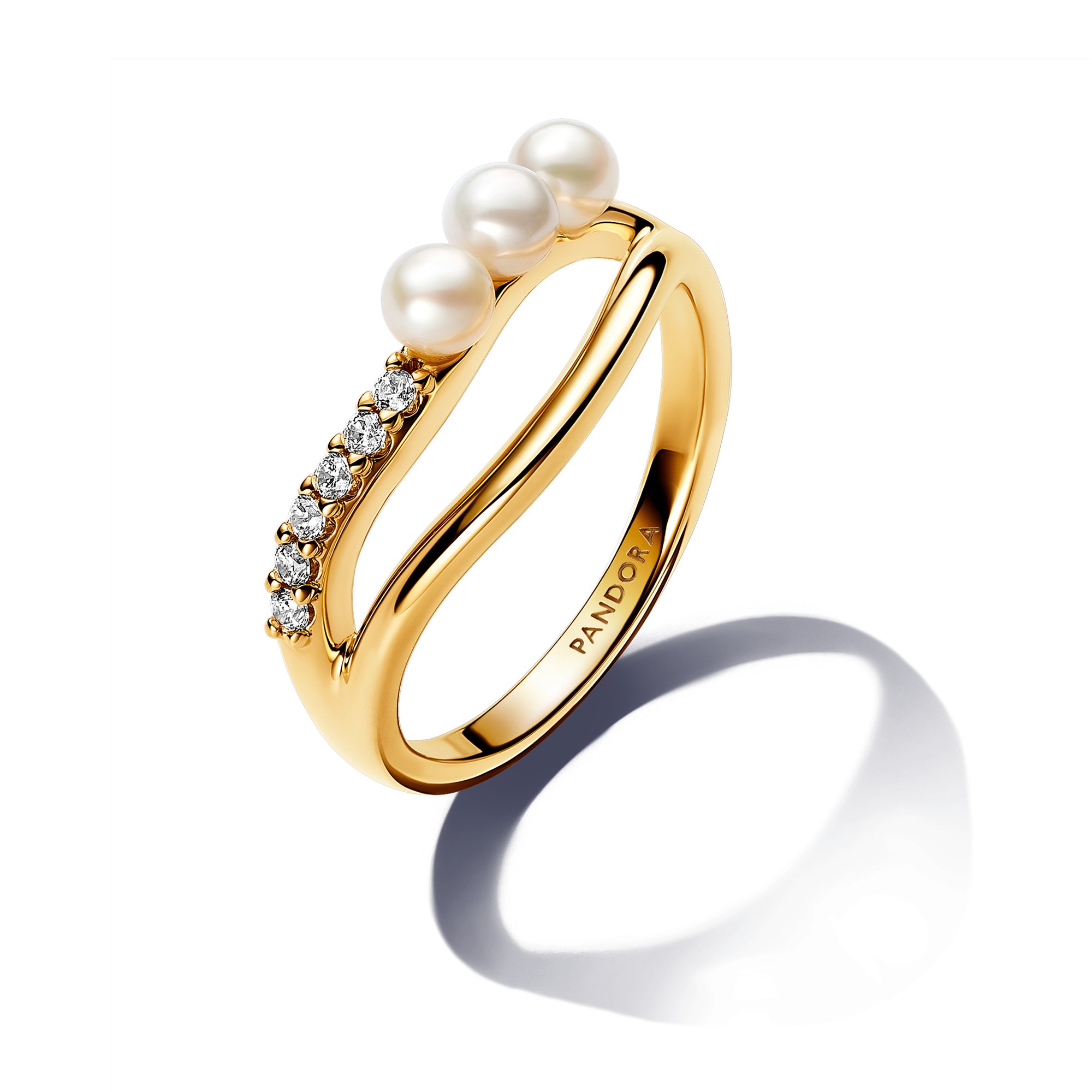 Pandora ESSENCE Süßwasserzuchtperle & organisch geformter Doppelband-Ring - Gelbgold verg. - Steine