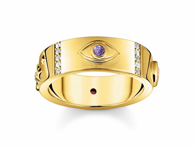 Thomas Sabo Ring TR2439-995-7-48 aus Silber mit Vergoldung, besetzt mit synthetischem Korund und bunten Zirkonia, Größe 48, auffälliges Design mit einer Augen- und Sternendekoration.