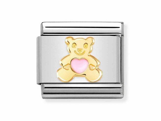 Nomination 030272 64 Classic Bär Rosa Edelstahl Gold 750 zeigt einen niedlichen Bären mit einem pinken Herz auf einem glänzenden, silbernen Hintergrund. Ideal für das Sammeln und Verschenken.