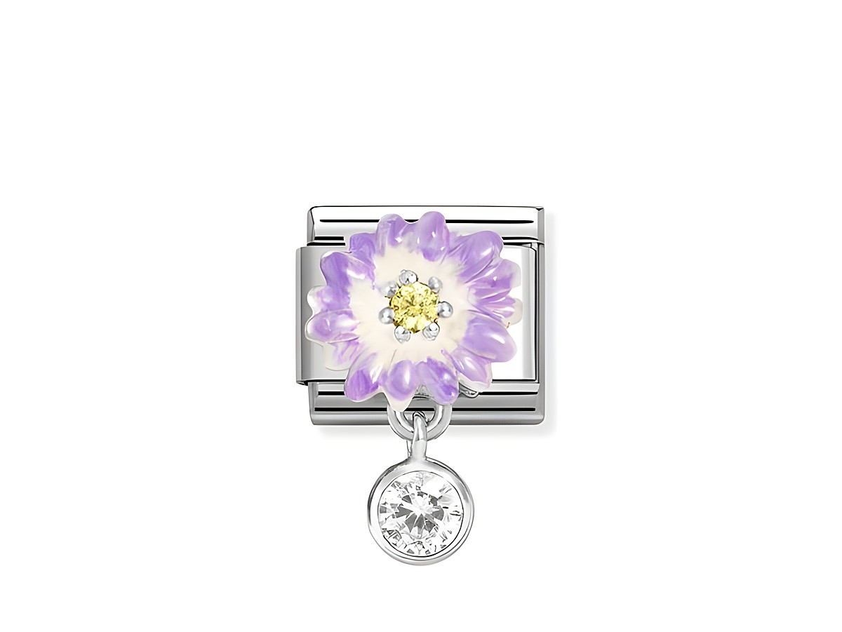 Charm aus Silber 331814 in Form einer lila Margerite mit brillantem Zirkonia und Emaille in Weiß-Gelb, gefertigt von Nomination, mit einem funkelnden Anhänger.