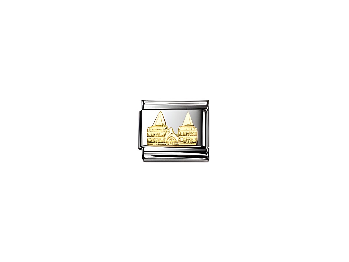 Edelstahlarmband mit goldenem Anhänger des Doms Sankt Viktor in Xanten, detailreiche Darstellung der markanten Türme, zeitloses Design von Nomination, passend für individuelle Armbänder.