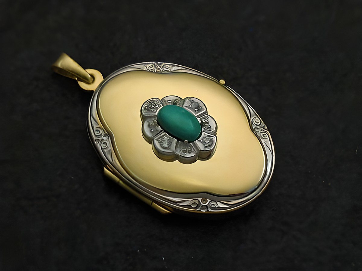Medaillon aus Gold 585 bicolor mit einem türkis cabochon und Brillanten in der Mitte, hergestellt von Juwelier Harnisch, mit eleganter und klassischer Gestaltung.