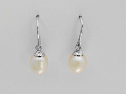 Ohrhaken Ohrringe aus rhodiniertem Silber mit weißen Süßwasserzuchtperlen in Tropfenform, Durchmesser 9,6 mm, hochwertiger Schmuck vom Juwelier Harnisch.