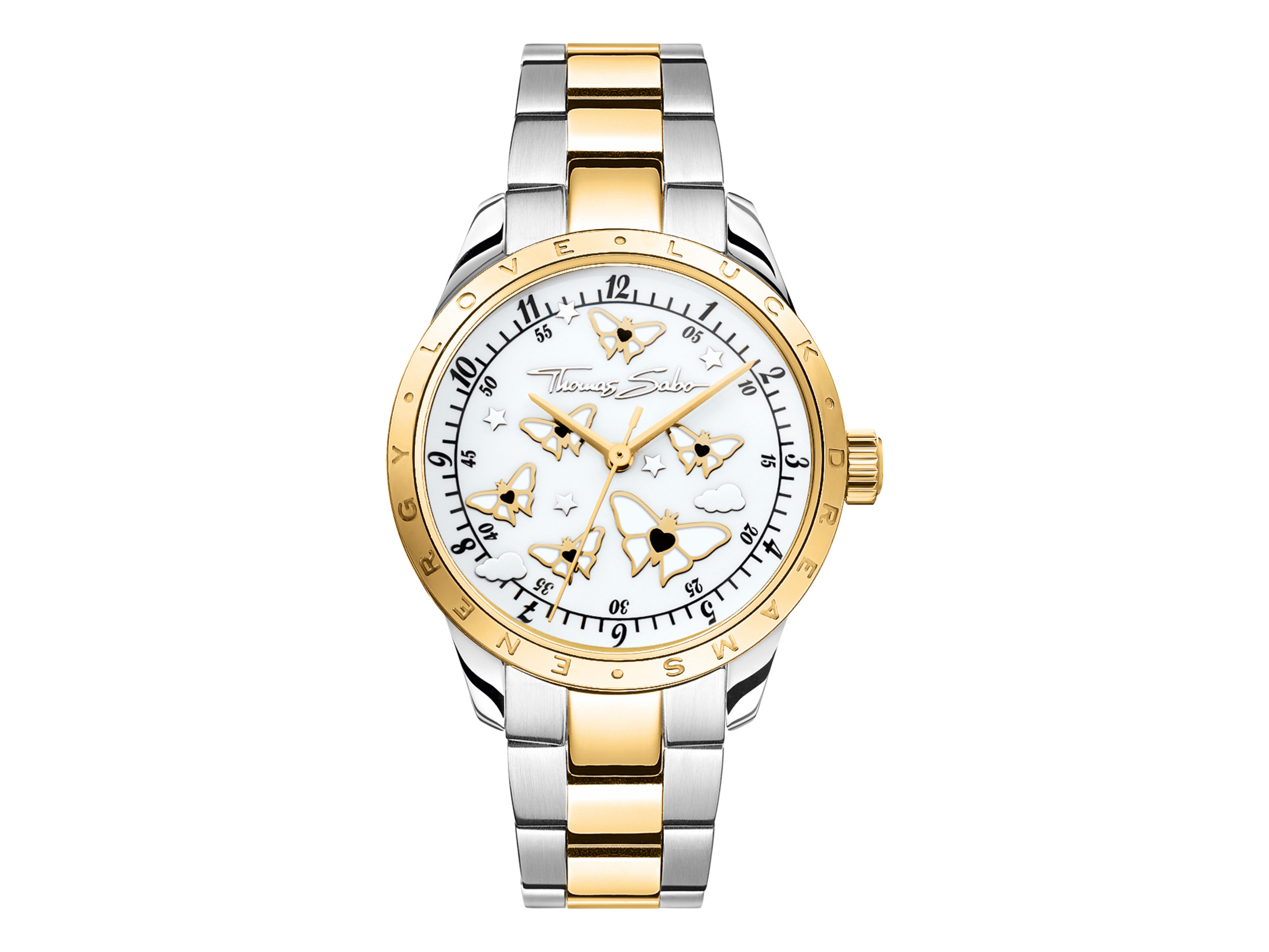 Thomas Sabo Damenuhr WA0433-291-202-34 mm mit einem filigranen Zifferblatt, goldenen und silbernen Elementen sowie Schmetterlingsmotiven, ideal für elegante Anlässe.