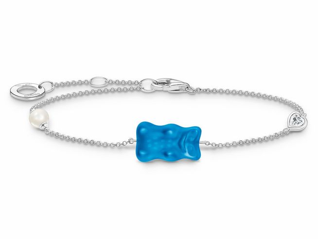 Armband von Thomas Sabo mit einem blauen Gummibärchen-Anhänger, einer Perle und Zirkonia, gefertigt aus Silber und Glas, für Handgelenke von 16 bis 19 cm.