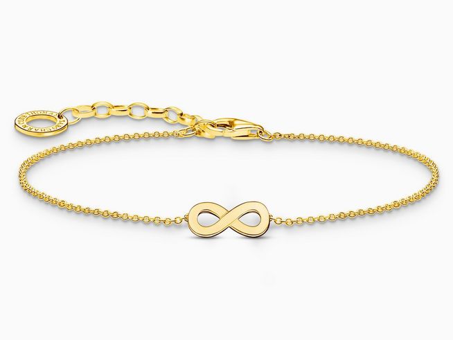 Silberne Kette mit einem goldenen Unendlichkeitssymbol, verziert mit einem Karabinerverschluss, ein elegantes Thomas Sabo Armband in verschiedenen Längen von 16 bis 19 cm.
