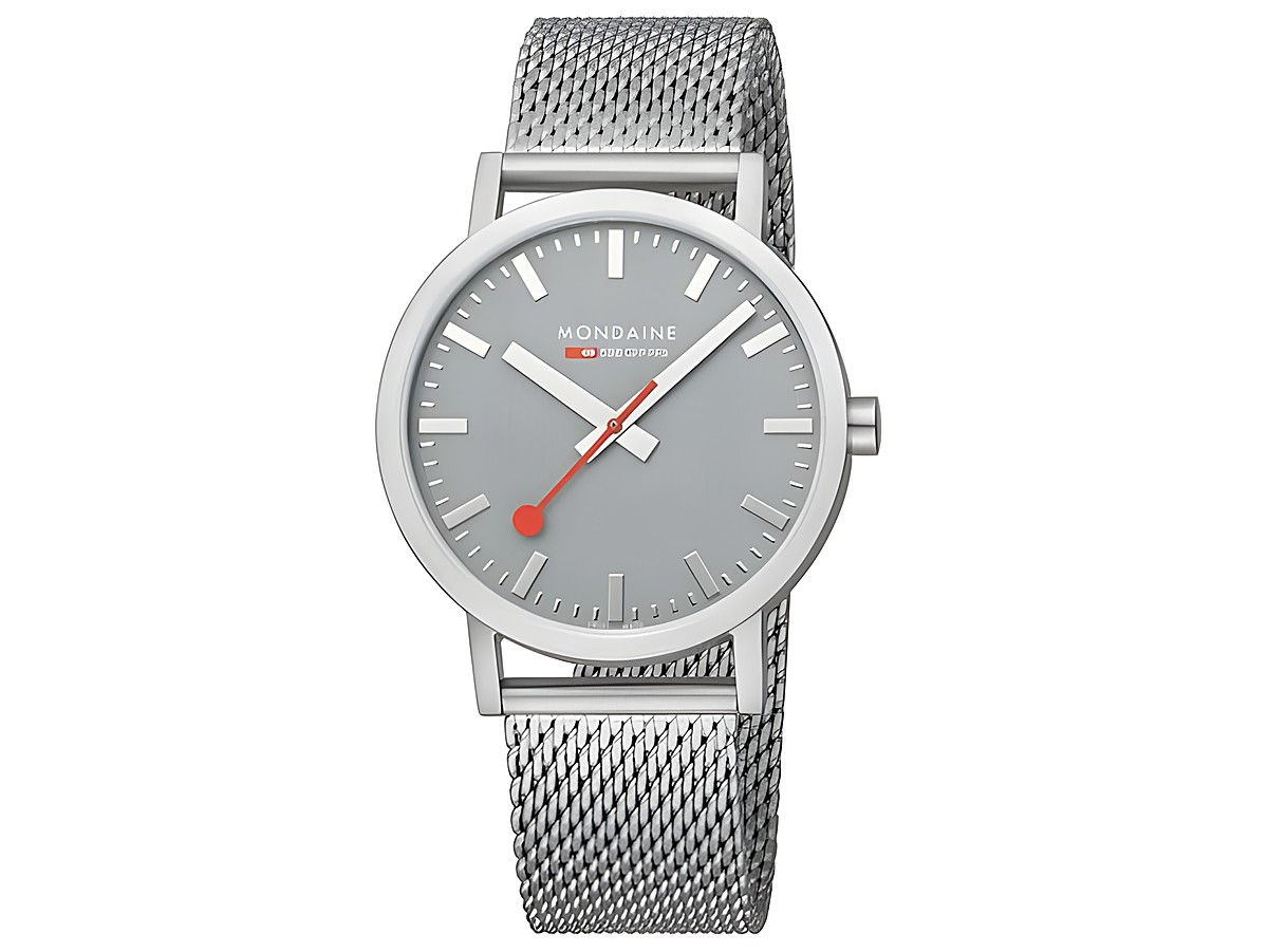 Mondaine Uhr Classic A660.30360.80SBJ mit 40 mm Durchmesser, grauem Ziffernblatt und edlem Milanaise-Armband in Silber, schlichte elegante Gestaltung für stilbewusste Träger.