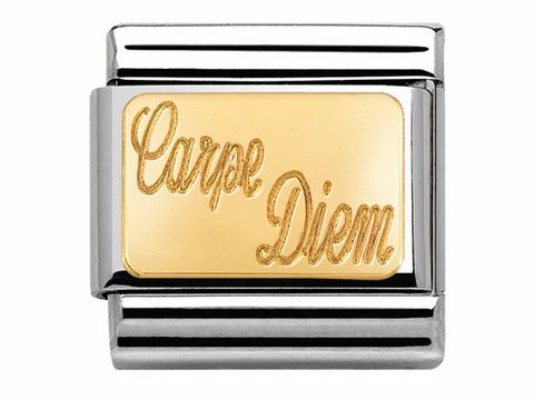 Armbandmit einer goldenen Platte, die den Schriftzug Carpe Diem trägt, eingerahmt von einem silbernen Metallrahmen, elegantes Design von Nomination.