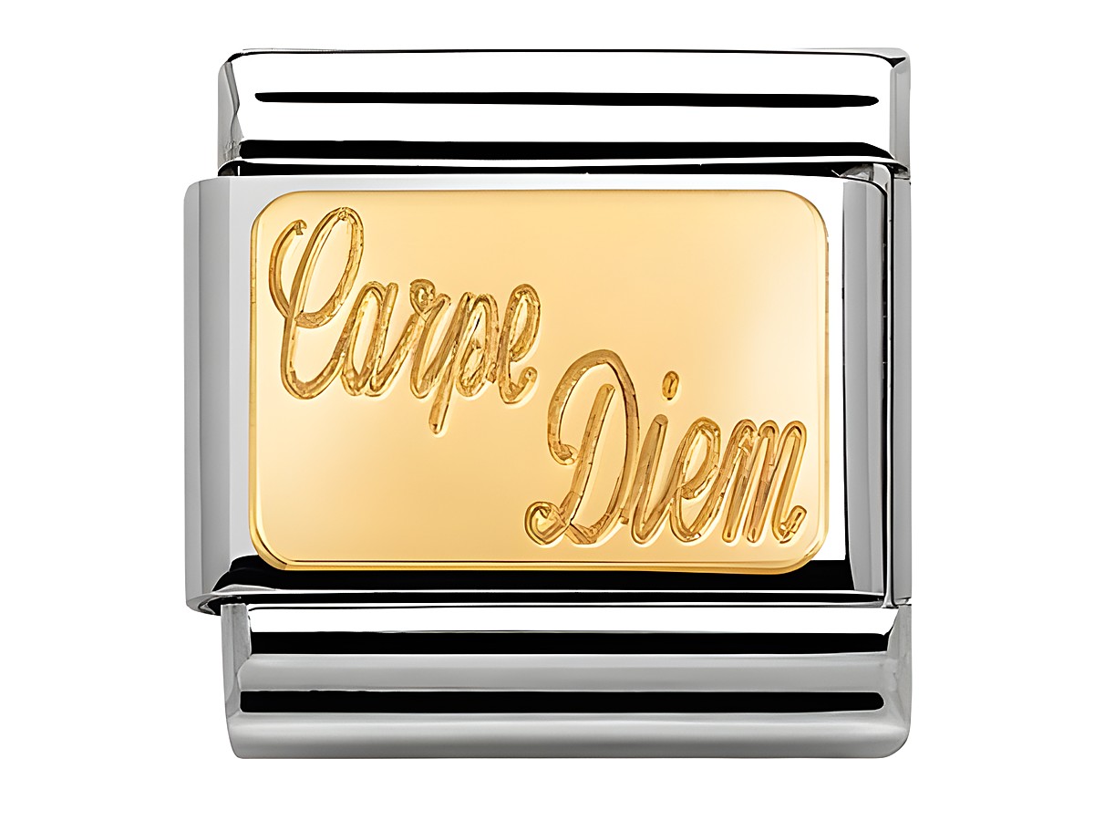 Armbandmit einer goldenen Platte, die den Schriftzug Carpe Diem trägt, eingerahmt von einem silbernen Metallrahmen, elegantes Design von Nomination.