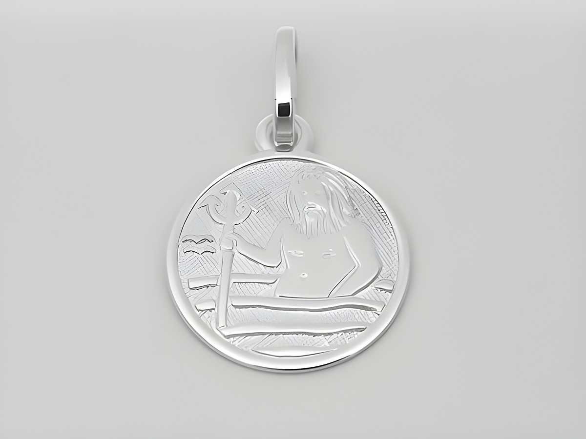 Wassermann - Sterling Silber rhodiniert Sternzeichen - poliert - 14 mm, zeigt einen Wassermann mit Dreizack, umgeben von Wellen, in hochwertiger Verarbeitung von Juwelier Harnisch.