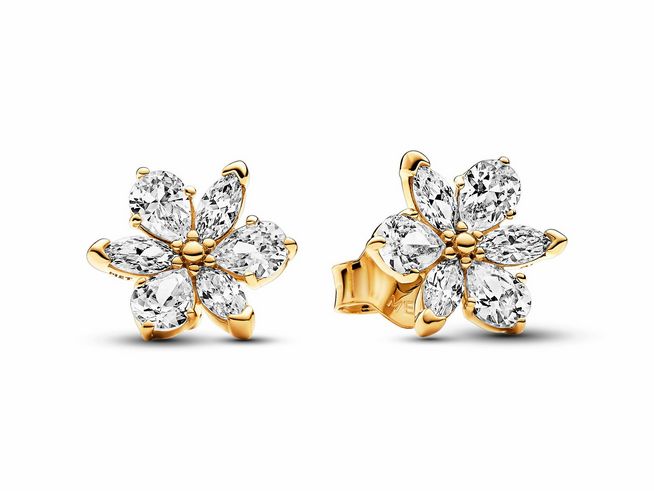 Funkelnde Herbarium Cluster Ohrringe aus gelbgold vergoldetem Material mit Zirkonia in Blumendesign von Pandora, glänzen elegant und setzen einen stilvollen Akzent.