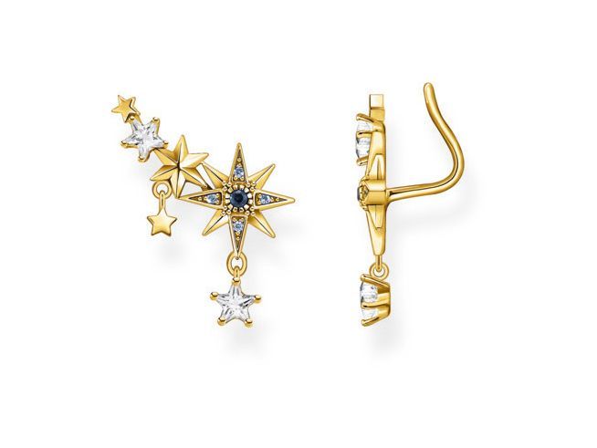Ohrringe aus Sterling Silber mit vergoldeter Oberfläche, in Form von Sternen und Zirkonia, kombiniert mit Glas-Keramik und synthetischem Spinell, von Thomas Sabo, Modell Ear Climber.