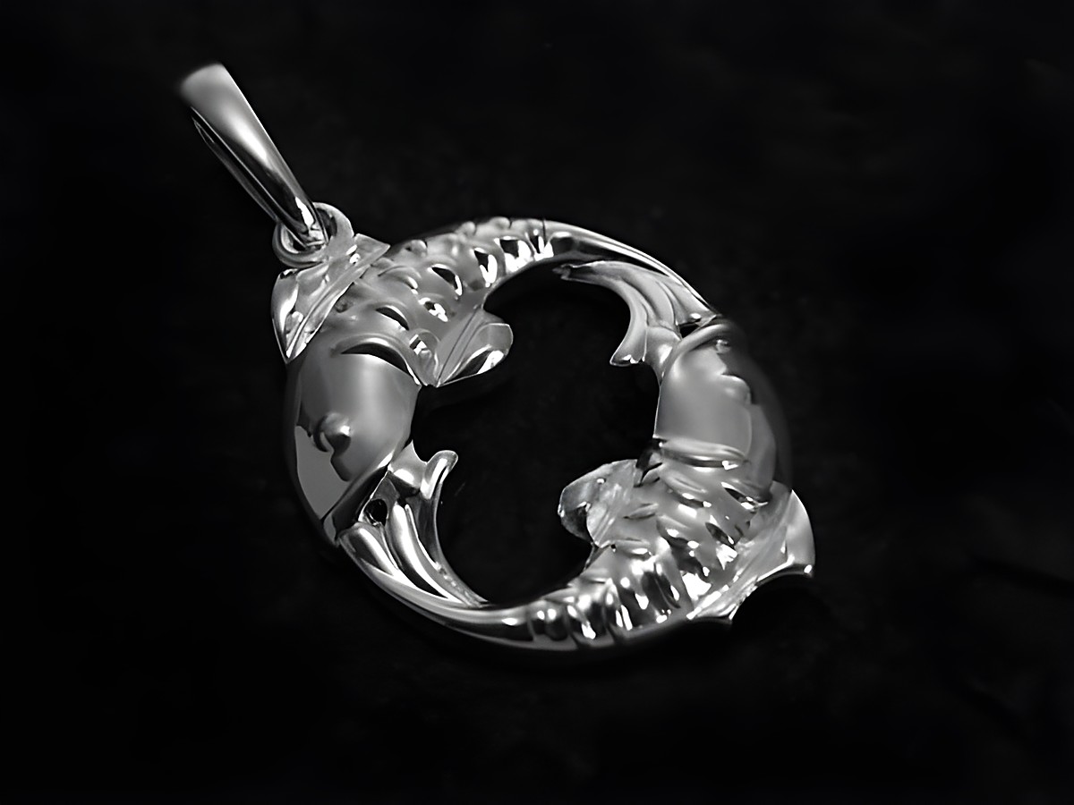 Fisch Sternzeichen Anhänger aus 925 Sterling Silber, poliert, von Juwelier Harnisch, zeigt zwei stilisierte Fische in einer kreisförmigen Anordnung. Ideal für Sternzeichen-Liebhaber.