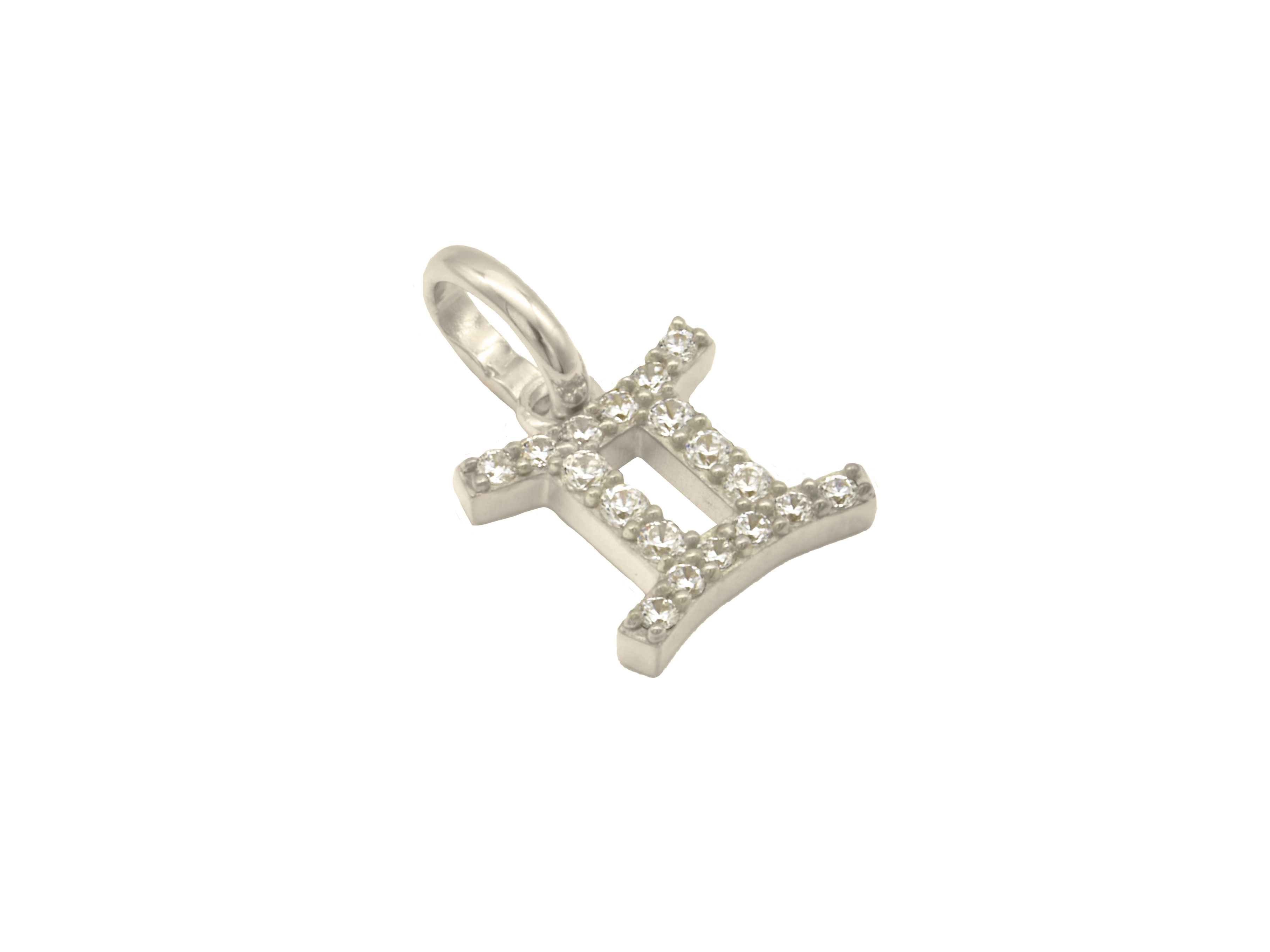 Anhänger mit dem Sternzeichen Zwillinge aus rhodinierten Sterling Silber 925, glänzend poliert und verziert mit Zirkonia, Hersteller Juwelier Harnisch.