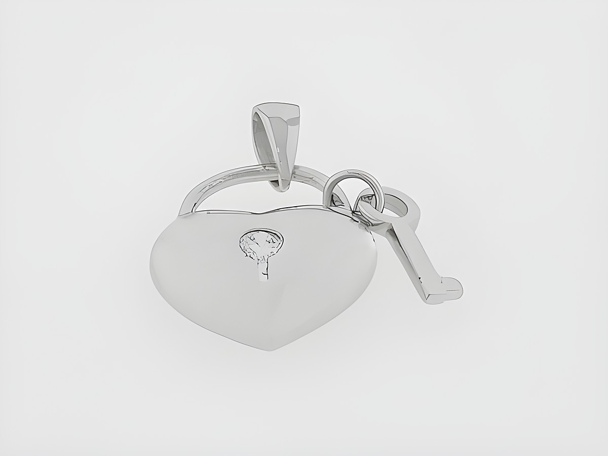 Silber Anhänger in Form eines Herzschlosses mit einem klaren Zirkonia und einem Schlüssel, romantisches Design, Hersteller Juwelier Harnisch, plastisch gestaltet.