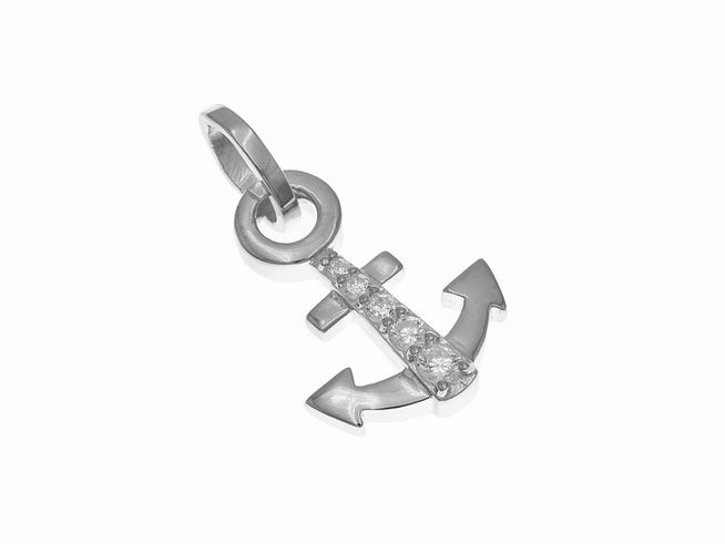 Anhänger aus rhodiniertem Sterling Silber in Ankerform, poliert und verziert mit Zirkonia, hergestellt von Juwelier Harnisch, ideal für maritime und seefahrtsbegeisterte Schmuckliebhaber.