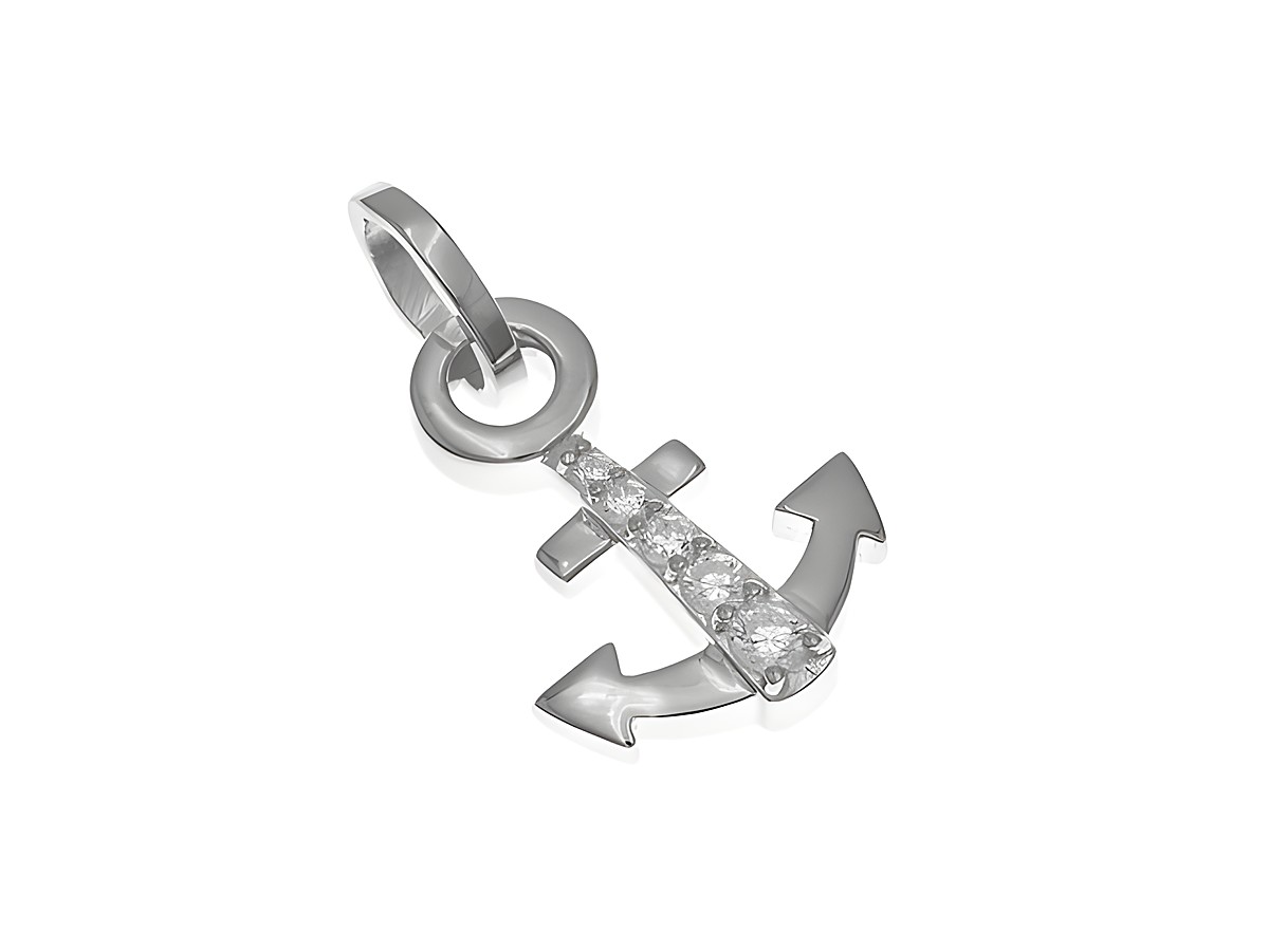 Anhänger aus rhodiniertem Sterling Silber in Ankerform, poliert und verziert mit Zirkonia, hergestellt von Juwelier Harnisch, ideal für maritime und seefahrtsbegeisterte Schmuckliebhaber.