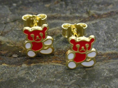 Teddy emaillierte Gold Ohrringe für Kinder von Juwelier Harnisch, niedliches Design mit rotem und weißem Emaille-Finish, ideal als Geschenk für kleine Mädchen.