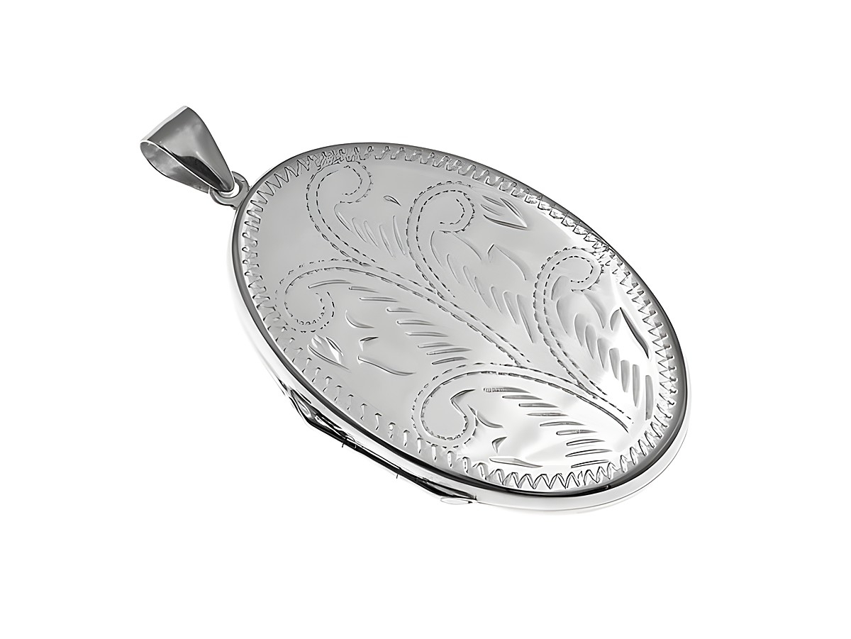 Medaillon oval mit floralem Muster in Silber, zeitloses Design, hergestellt von Juwelier Harnisch, zeigt feine Gravuren und eine elegante Form, ideal als Schmuckstück für besondere Anlässe.
