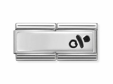 433071019-0 Schnuller im Design Double Classic Silver Shine von Nomination, aus hochwertigem silbernem Material, zeigt eine stilisierte Darstellung eines Schnullers, ideal als charmante Ergänzung.