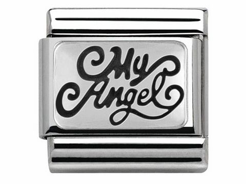 433010238-0 Edelstahl Charm aus der Nomination Classic Kollektion mit der Gravur My Angel in geschwungener Schrift, glänzende Oberfläche und elegante Gestaltung in Silber.