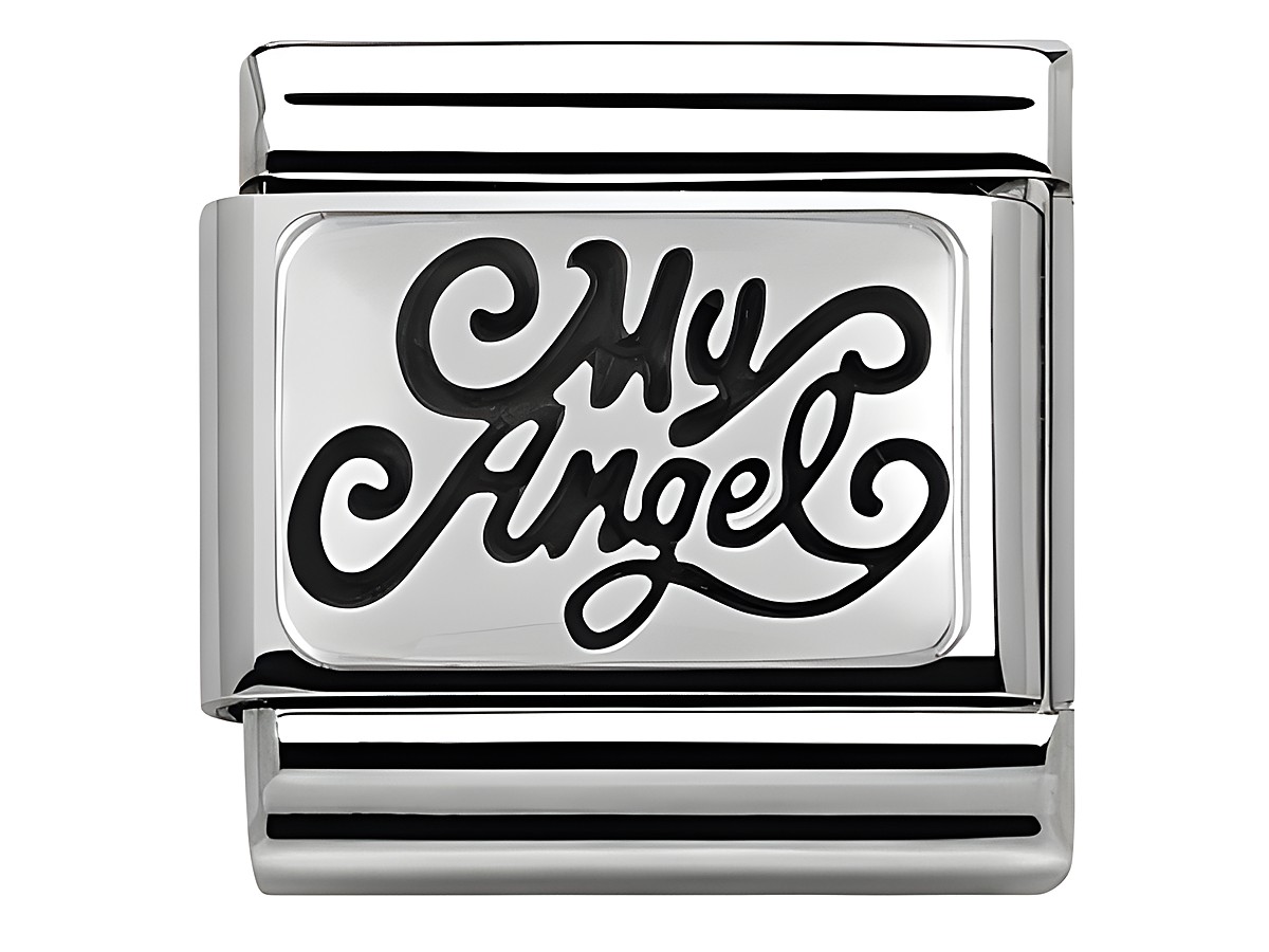 Edelstahl Charm aus der Nomination Classic Kollektion mit der Gravur My Angel in geschwungener Schrift, glänzende Oberfläche und elegante Gestaltung in Silber.