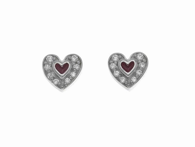 Ohrstecker aus Sterling Silber in Herzform, poliert und rhodiniert, mit Zirkonia und dunkelrotem Lack in der Mitte, Hersteller Juwelier Harnisch.