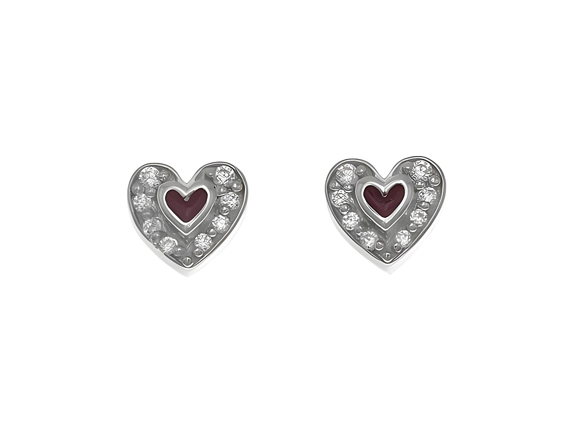 Ohrstecker aus Sterling Silber in Herzform, poliert und rhodiniert, mit Zirkonia und dunkelrotem Lack in der Mitte, Hersteller Juwelier Harnisch.