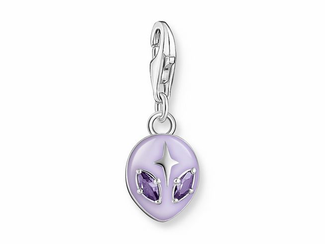 56972603-0 Charm-Anhänger von Thomas Sabo in Form eines violetten Aliens aus Silber und Emaille mit Zirkonia-Steinen, ideal für kreative Schmuckdesigns und das Personalisieren von Armbändern.