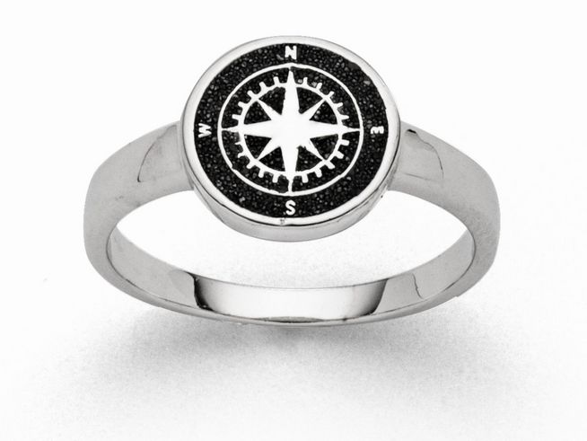 Sterling Silber Ring Kompass mit Lavasand in der Größe 52, zeigt ein rundes Design mit einem Kompassmotiv auf der Vorderseite, elegantes und zeitloses Schmuckstück von DUR.