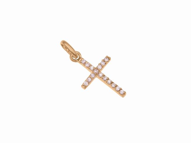 Anhänger Kreuz bezaubernd aus Sterling Silber roségold vergoldet, verziert mit rosa Zirkonia, Hersteller Juwelier Harnisch, elegantes Design mit funkelndem Stein.