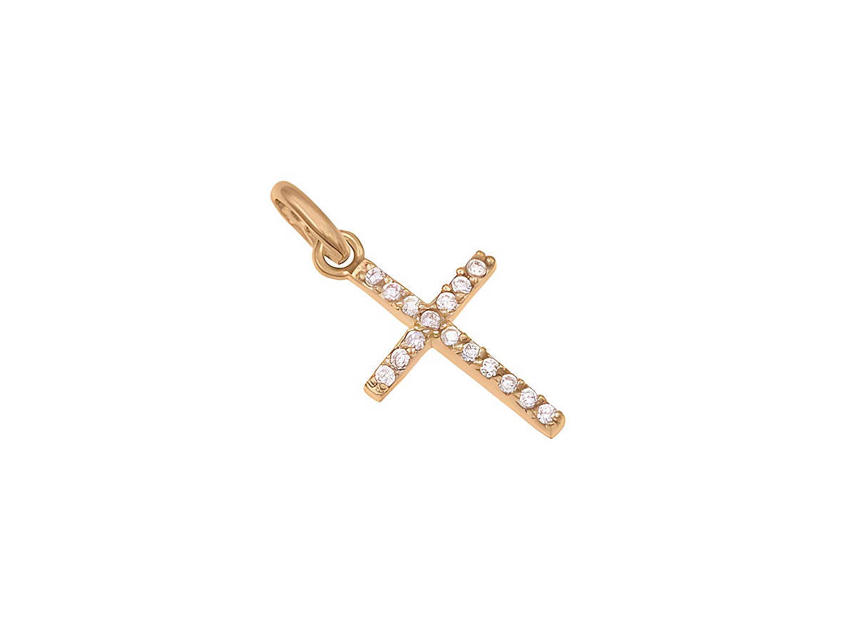 Anhänger Kreuz bezaubernd aus Sterling Silber roségold vergoldet, verziert mit rosa Zirkonia, Hersteller Juwelier Harnisch, elegantes Design mit funkelndem Stein.