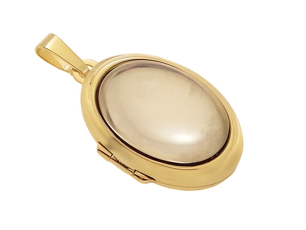 Glas in Mondstein Optik Cabochon in einem Gold 585 Medaillon des Herstellers Juwelier Harnisch, elegantes Design mit ovaler Form, ideal als Schmuckstück oder Geschenk.