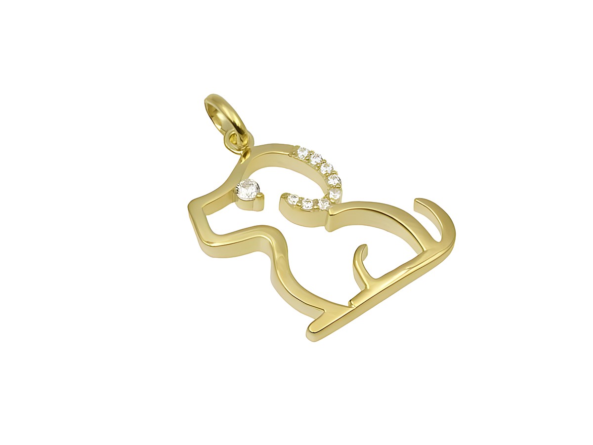 Ein goldvergoldeter Anhänger in Form eines Hundes aus 925 Sterling Silber, poliert, verziert mit Zirkonia-Steinen, ideal für Tierliebhaber. Hersteller ist Juwelier Harnisch.