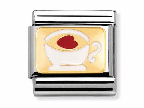 Becher mit Herz in Emaille und Gold, auf einem silbernen Untergrund, von Nomination, ein klassisches Plaettchen mit verspieltem Design, ideal für individuelle Schmuckstücke.
