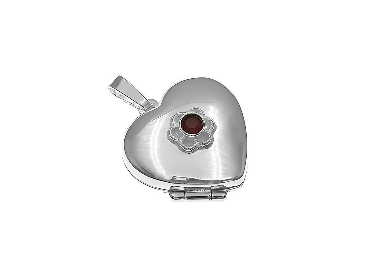Silber Medaillon in Herzform mit einem roten Glasstein im Blütendesign, gefertigt aus Sterling Silber, Hersteller Juwelier Harnisch, elegantes und zeitloses Schmuckstück.