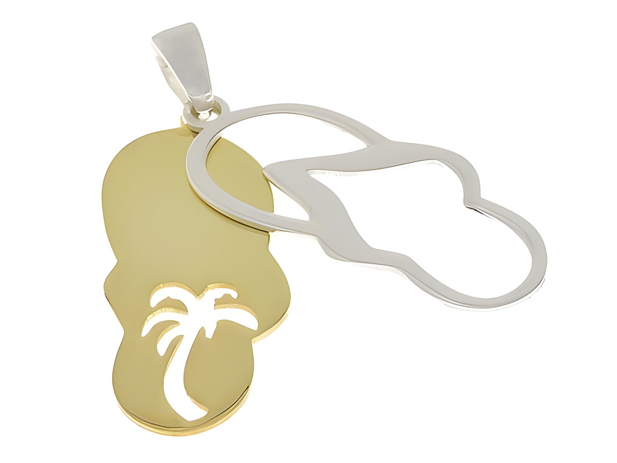 Anhänger in Form einer Badelatsche mit eingravierter Palme, aus Silber und teilvergoldet, ideal für Sommer, Strand und Freizeit. Hersteller: Juwelier Harnisch. – Ansicht 2