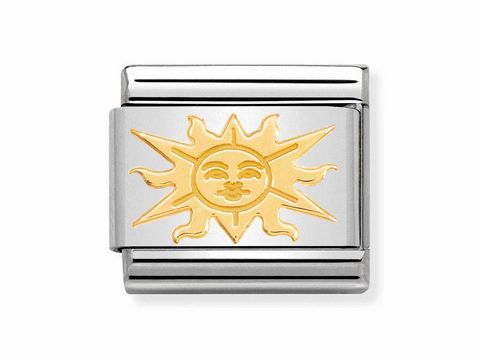 Sonnenmotiv aus Edelstahl und 18Kt Gold, elegantes Design der Nomination 030161 09 - Sonne - COMPOSABLE CLASSIC COSMO EDITION, perfektes Accessoire für jeden Anlass.