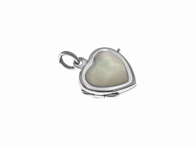 Medaillon aus Perlmutt in Herzform, umrandet mit hochwertigem Sterling Silber, Größe 18 mm, hergestellt von Juwelier Harnisch, mit funkelndem Stein. Ideal als persönliches Schmuckstück.