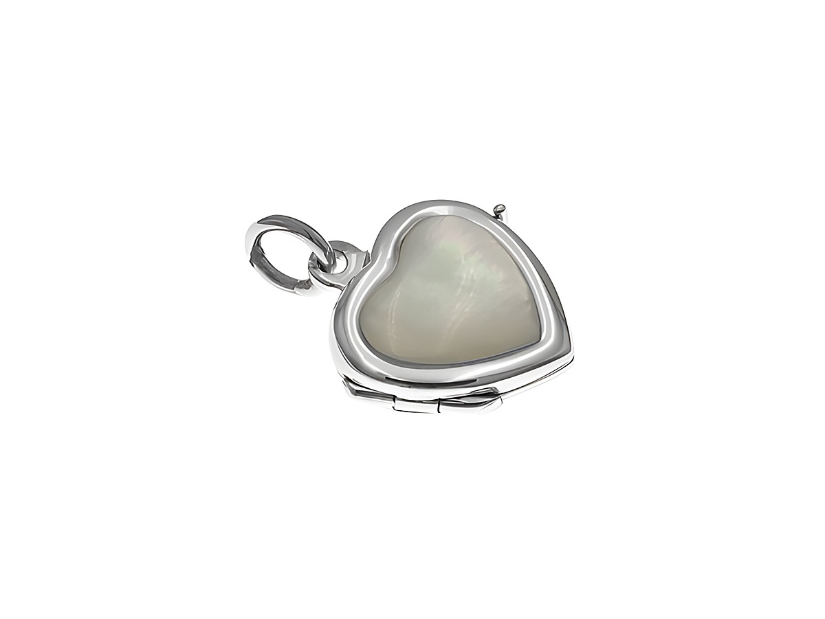 Medaillon aus Perlmutt in Herzform, umrandet mit hochwertigem Sterling Silber, Größe 18 mm, hergestellt von Juwelier Harnisch, mit funkelndem Stein. Ideal als persönliches Schmuckstück.
