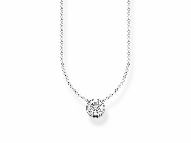 Silberne Kette von Thomas Sabo mit einem runden Anhänger, der mit einem weißen Zirkonia besetzt ist, die Länge beträgt 40 bis 45 cm. Ideal für einen eleganten Look.