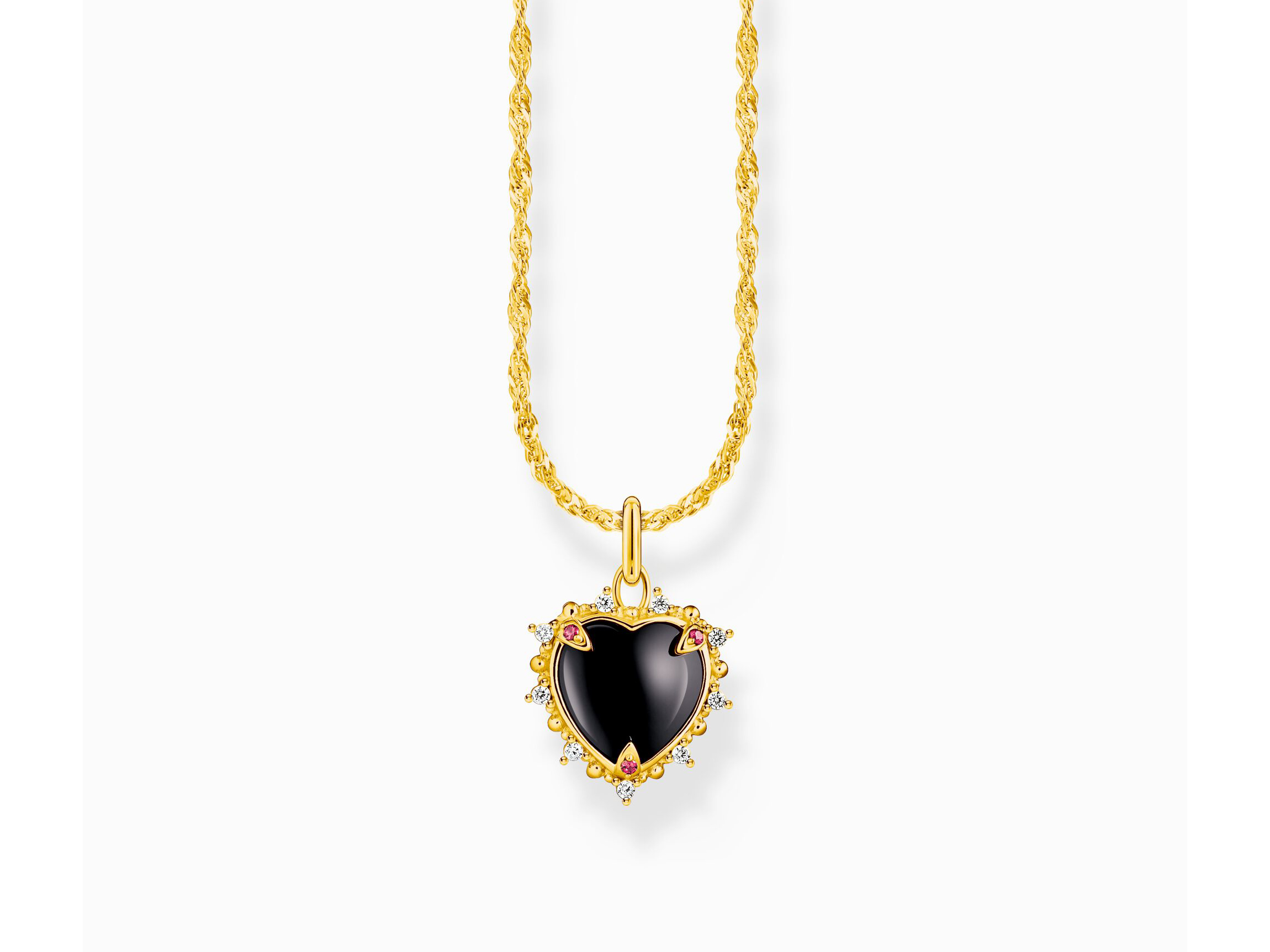 Halskette von Thomas Sabo mit einem schwarzen Herzanhänger, umgeben von funkelnden Zirkonia und feinen Details, gefertigt aus Silber mit 750er Vergoldung, verstellbar von 40 bis 45 cm.
